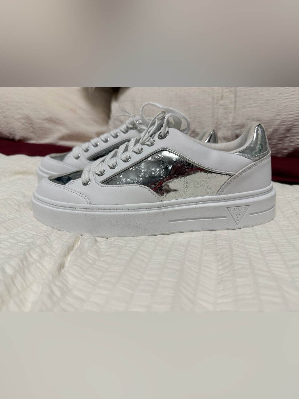 Guess White Sneakers with Silver Logo Panels